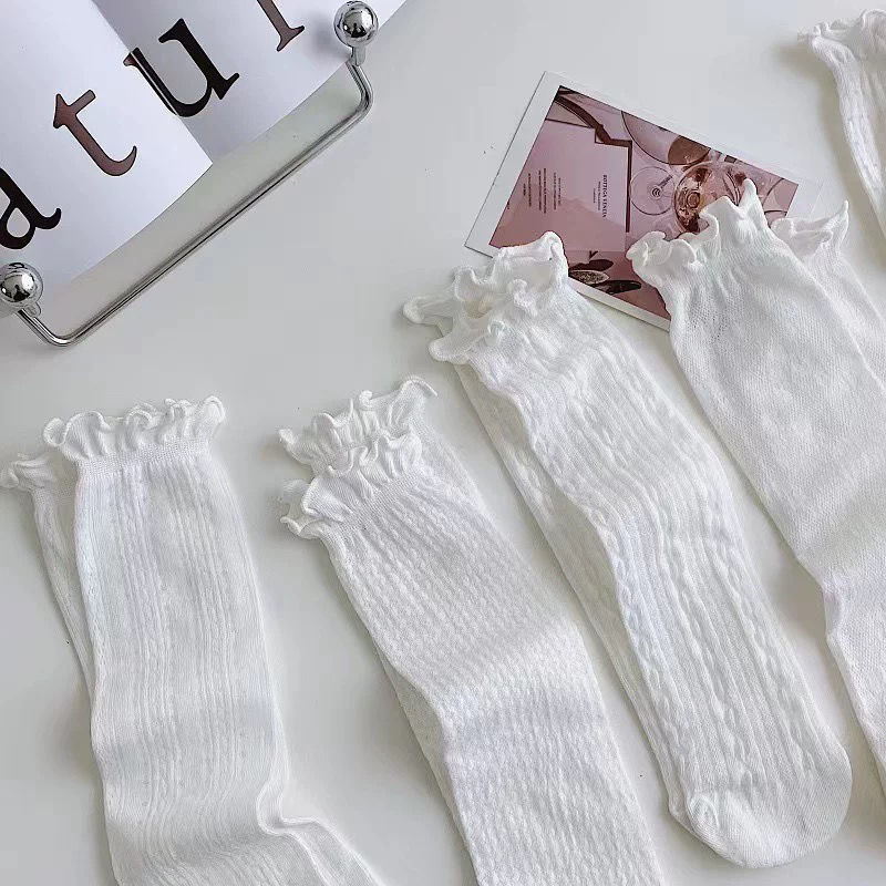 Spring and summer Sen series thin breathable Medium Tube Socks White daily versatile lace bubble mouth socks children's pile socks stockings