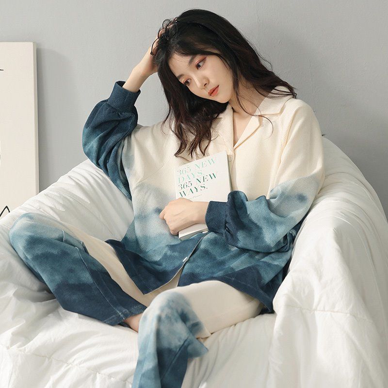 100% cotton pajamas women's spring and autumn long-sleeved large-size cardigan student ins suit autumn and winter women's home service Korea