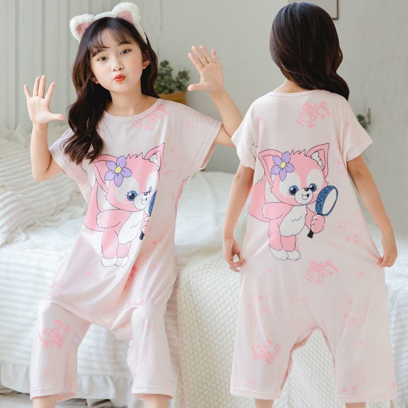 Children's one-piece pajamas summer thin short sleeved boys' and girls' home clothes anti kick Quilt Baby Pajamas children's sleeping bag summer