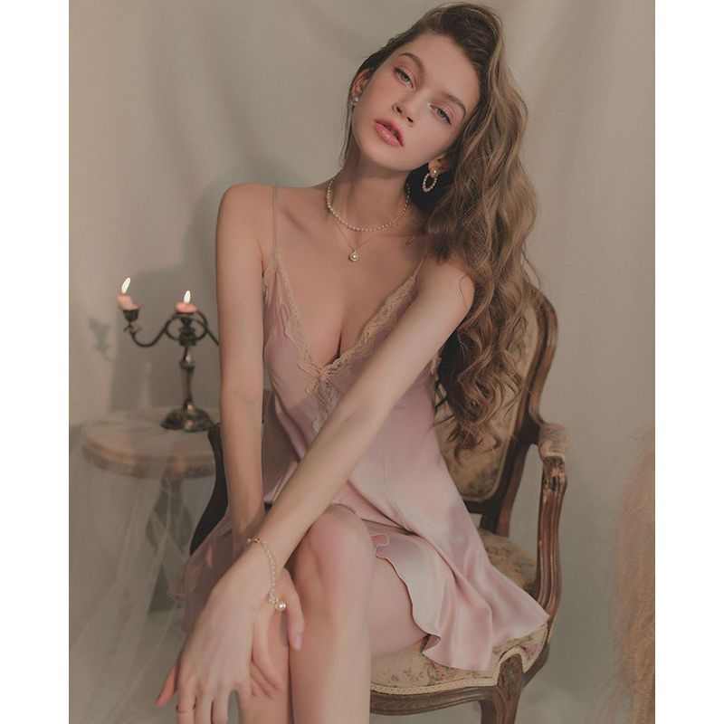 Spring and autumn new style careful machine sexy pajamas women summer ice silk thin section lace suspenders pure desire nightdress home service women