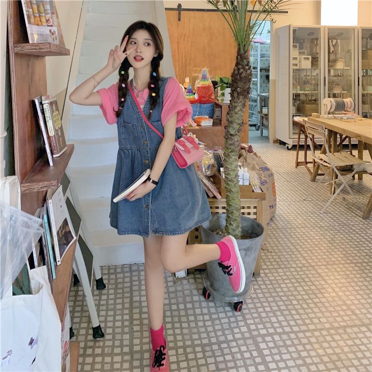 V-neck denim vest skirt female spring and summer  new college style single-breasted buckle age-reducing loose student dress skirt