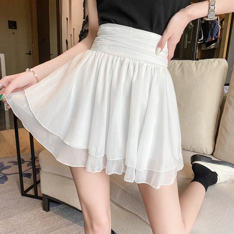 White chiffon fluffy pleated skirt for women  autumn and winter new high-waist slimming a-line short skirt cake skirt