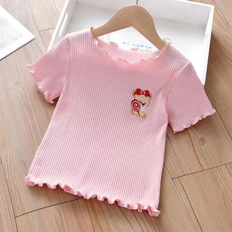 Girls summer short-sleeved t-shirt  new ice silk children's half-sleeved bottoming shirt girl candy color foreign style top