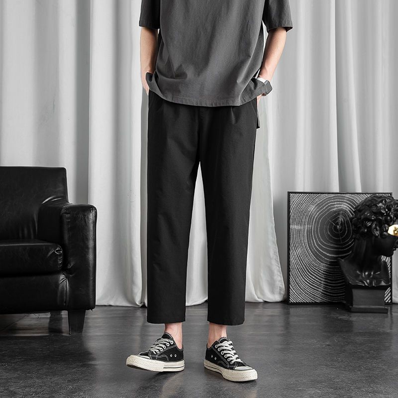 Straight trousers men's casual sports pants spring and summer loose spring and autumn trendy trousers nine points small trousers ice silk wide legs