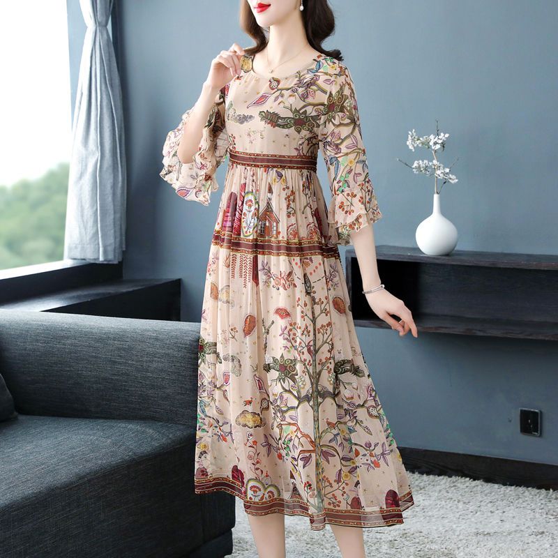 Xiangyun yarn temperament dress female  spring and summer new temperament long retro fashion belly printed skirt