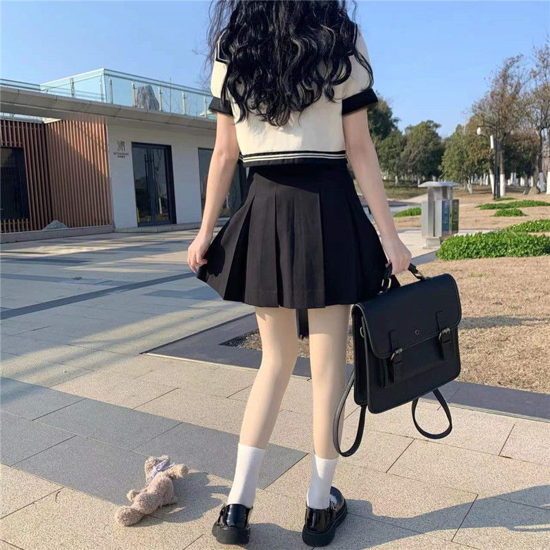 College style JK uniform suit female summer sailor suit short-sleeved shirt top high waist pleated skirt two-piece set