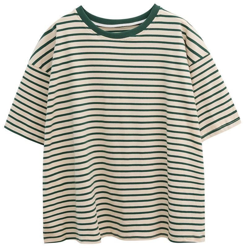 Salt green stripe T-shirt short sleeve Hong Kong style summer design sense of minority loose half sleeve advanced sense top women's fashion ins