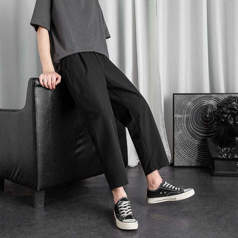 Straight trousers men's casual sports pants spring and summer loose spring and autumn trendy trousers nine points small trousers ice silk wide legs