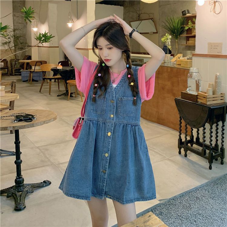 V-neck denim vest skirt female spring and summer  new college style single-breasted buckle age-reducing loose student dress skirt