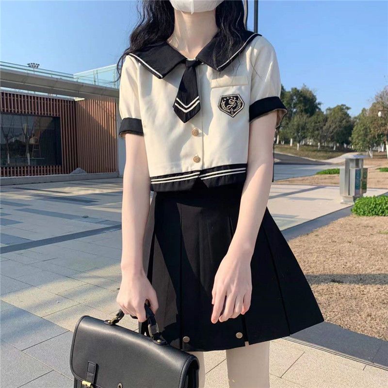 College style JK uniform suit female summer sailor suit short-sleeved shirt top high waist pleated skirt two-piece set