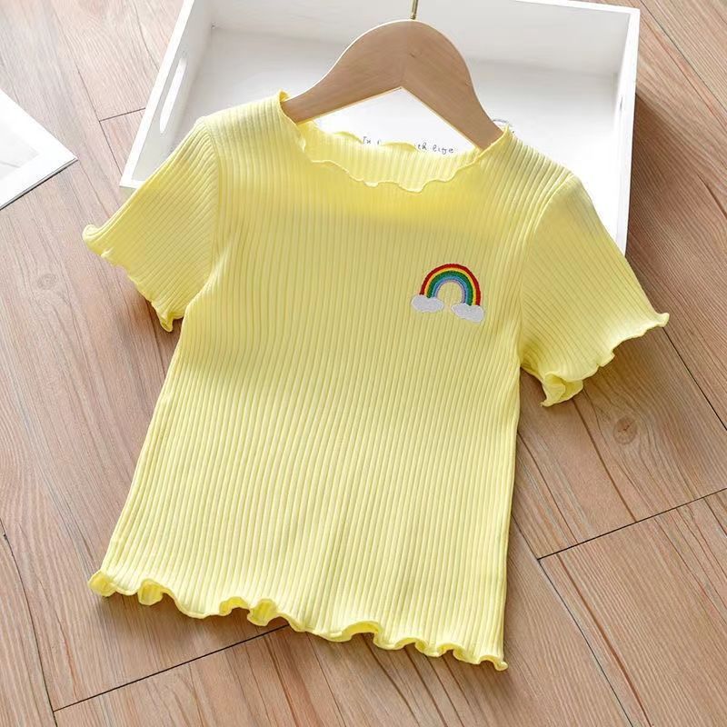 Girls summer short-sleeved t-shirt  new ice silk children's half-sleeved bottoming shirt girl candy color foreign style top