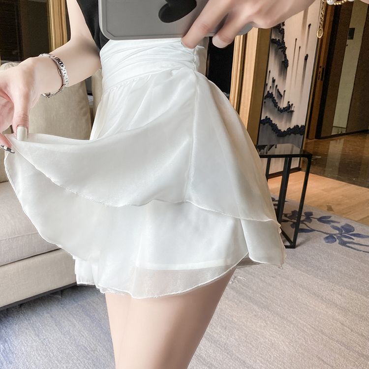 White chiffon fluffy pleated skirt for women  autumn and winter new high-waist slimming a-line short skirt cake skirt