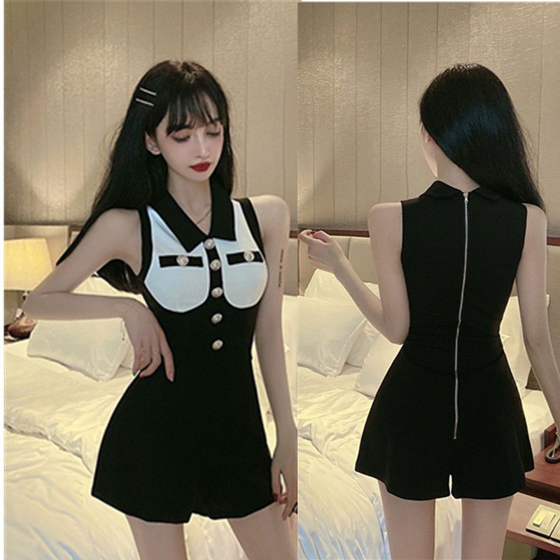 Summer black and white contrast slim fit sleeveless Jumpsuit 2022 new fashion small tall slim shorts women