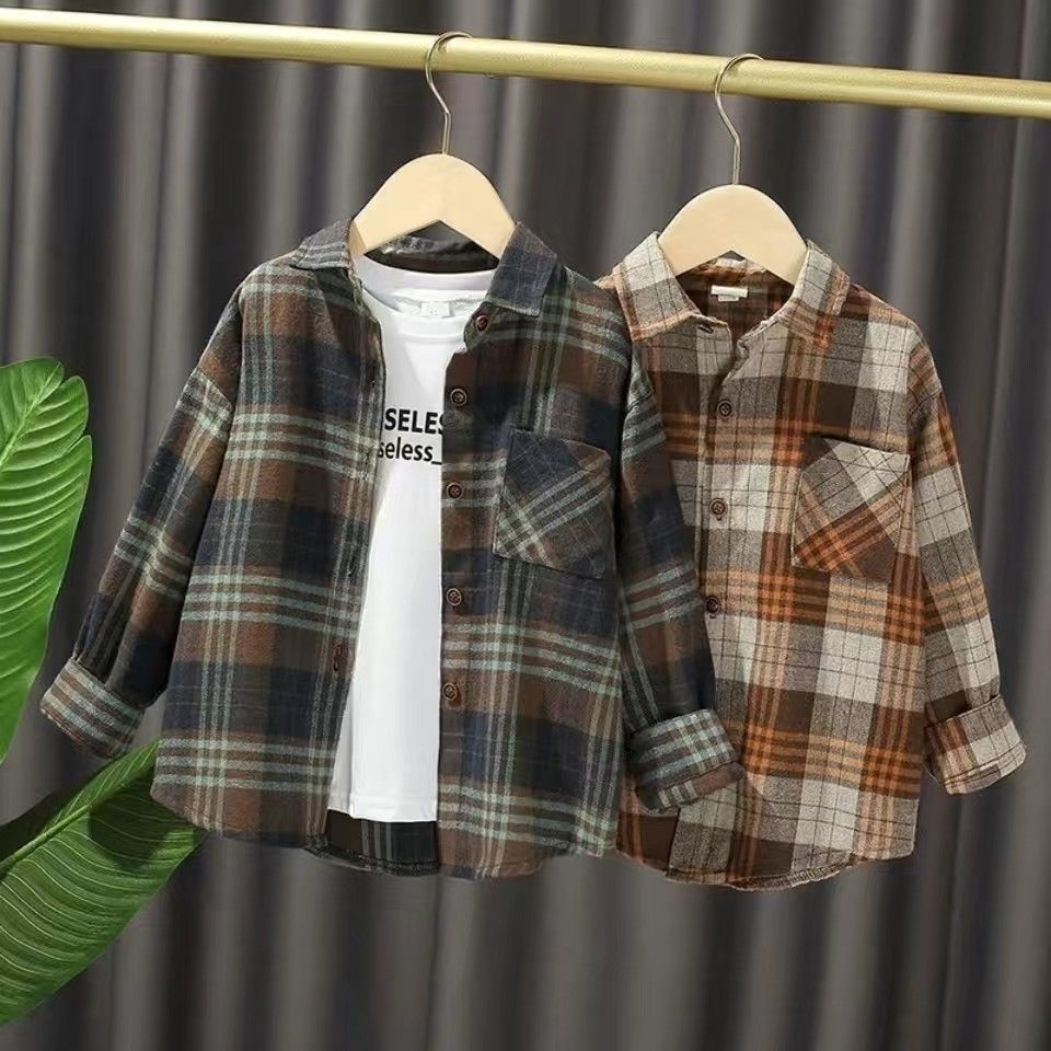 Boys' jacket 2022 new trendy slim long-sleeved one-piece plaid loose spring and autumn cotton trendy top