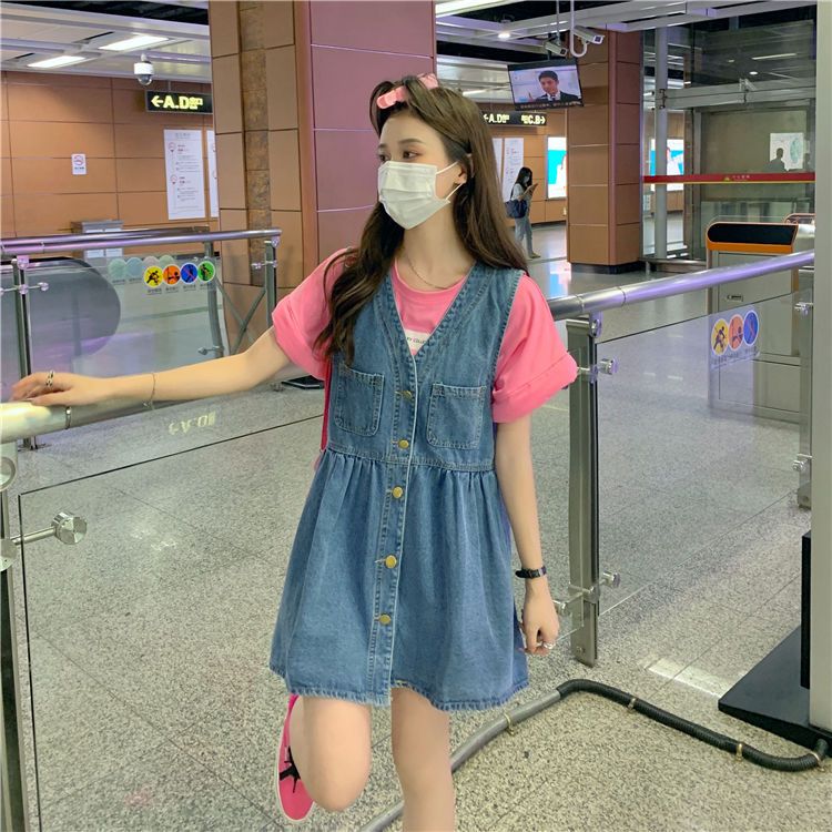 V-neck denim vest skirt female spring and summer  new college style single-breasted buckle age-reducing loose student dress skirt