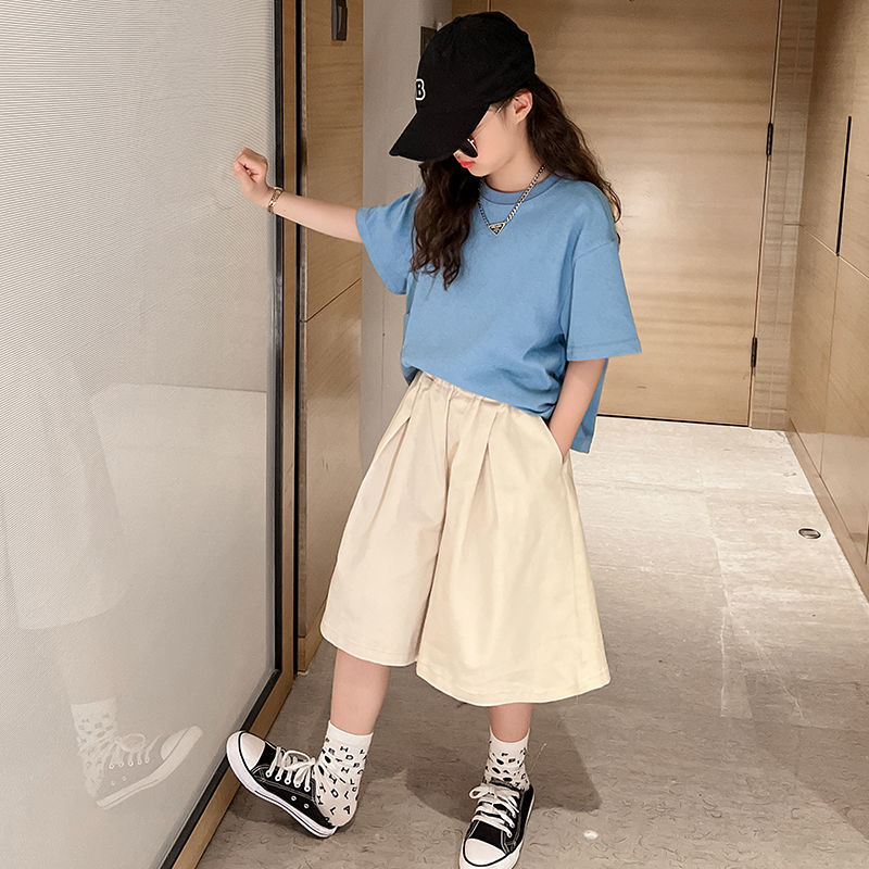 Girls wide-leg pants short-sleeved suit fashionable foreign style Korean version of children's clothing medium and large children's cotton two-piece fashion summer clothing