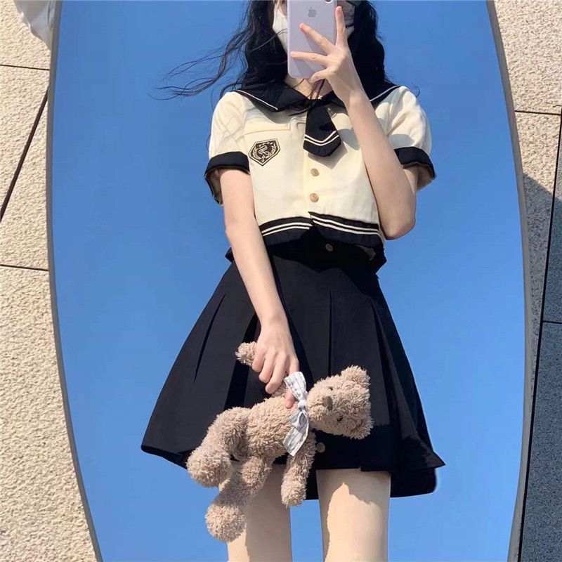 College style JK uniform suit female summer sailor suit short-sleeved shirt top high waist pleated skirt two-piece set