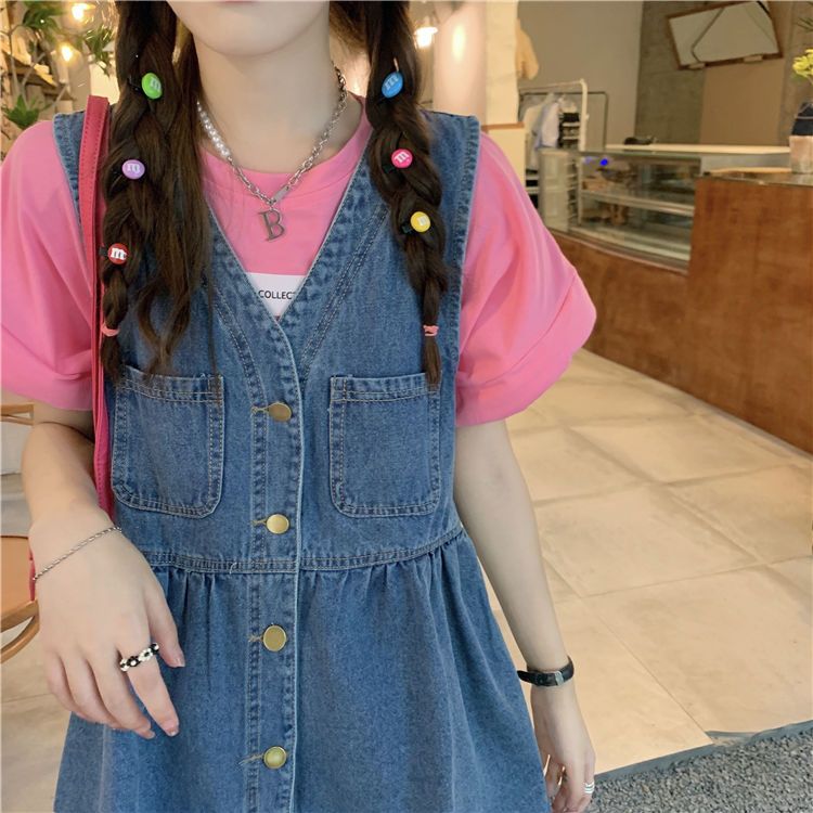 V-neck denim vest skirt female spring and summer  new college style single-breasted buckle age-reducing loose student dress skirt