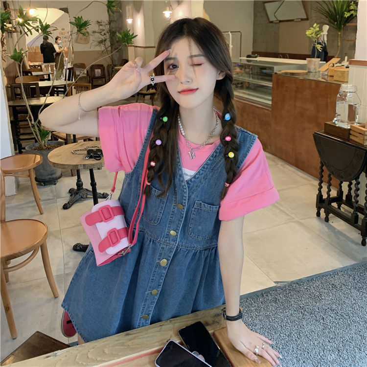 V-neck denim vest skirt female spring and summer  new college style single-breasted buckle age-reducing loose student dress skirt