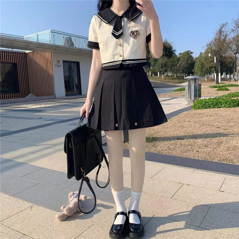 College style JK uniform suit female summer sailor suit short-sleeved shirt top high waist pleated skirt two-piece set