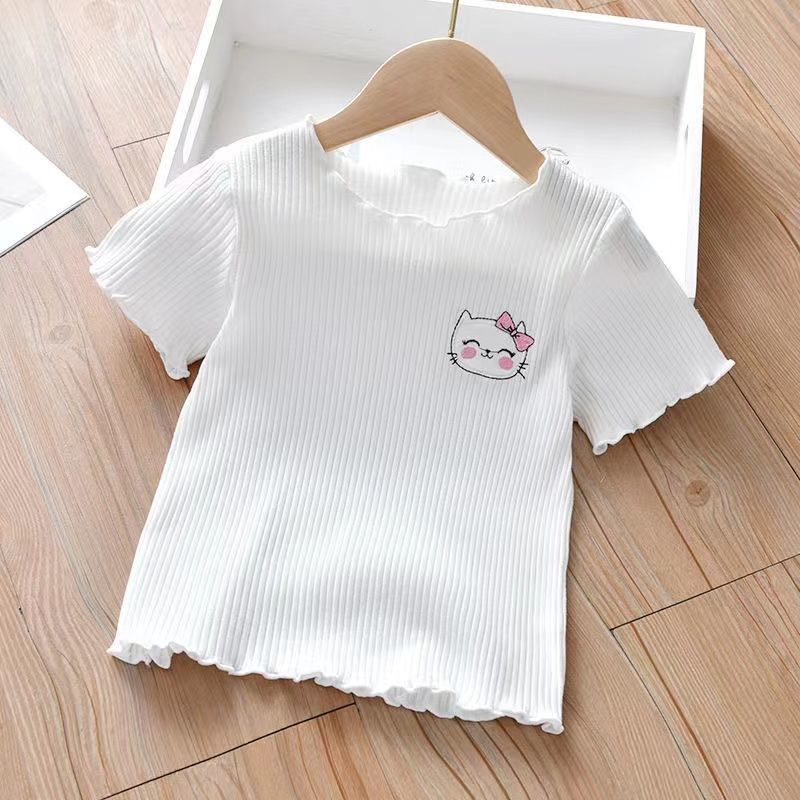 Girls summer short-sleeved t-shirt  new ice silk children's half-sleeved bottoming shirt girl candy color foreign style top