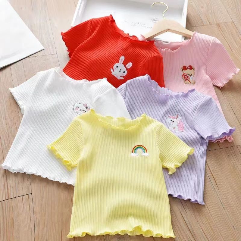 Girls summer short-sleeved t-shirt  new ice silk children's half-sleeved bottoming shirt girl candy color foreign style top