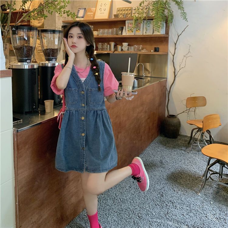 V-neck denim vest skirt female spring and summer  new college style single-breasted buckle age-reducing loose student dress skirt