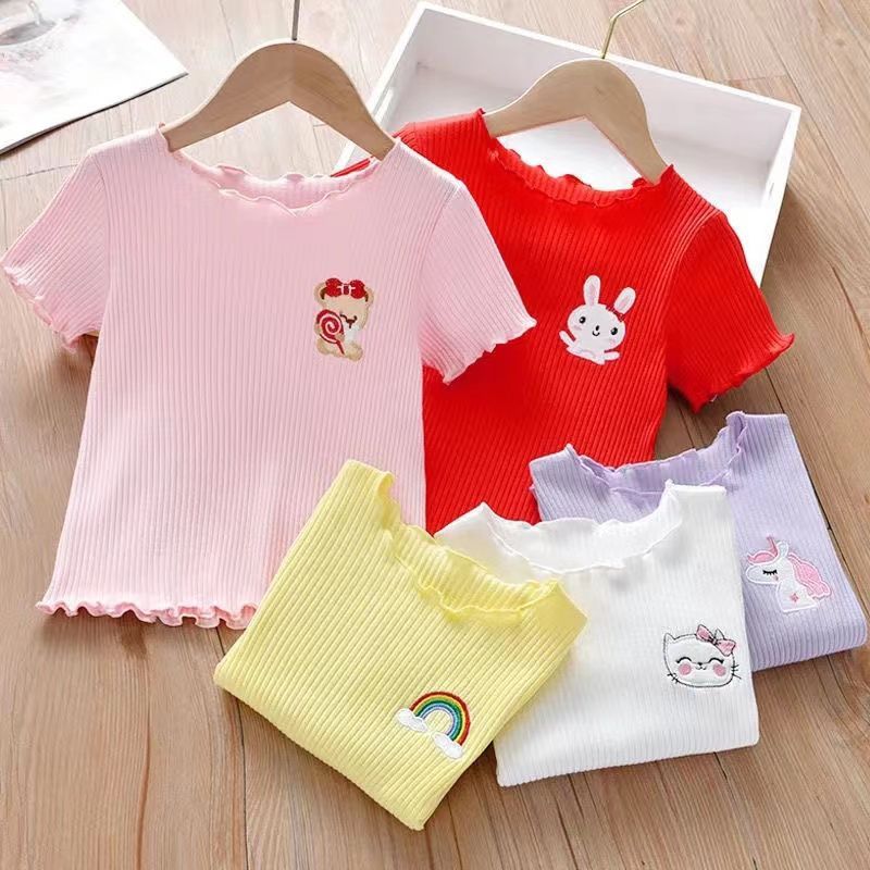 Girls summer short-sleeved t-shirt  new ice silk children's half-sleeved bottoming shirt girl candy color foreign style top