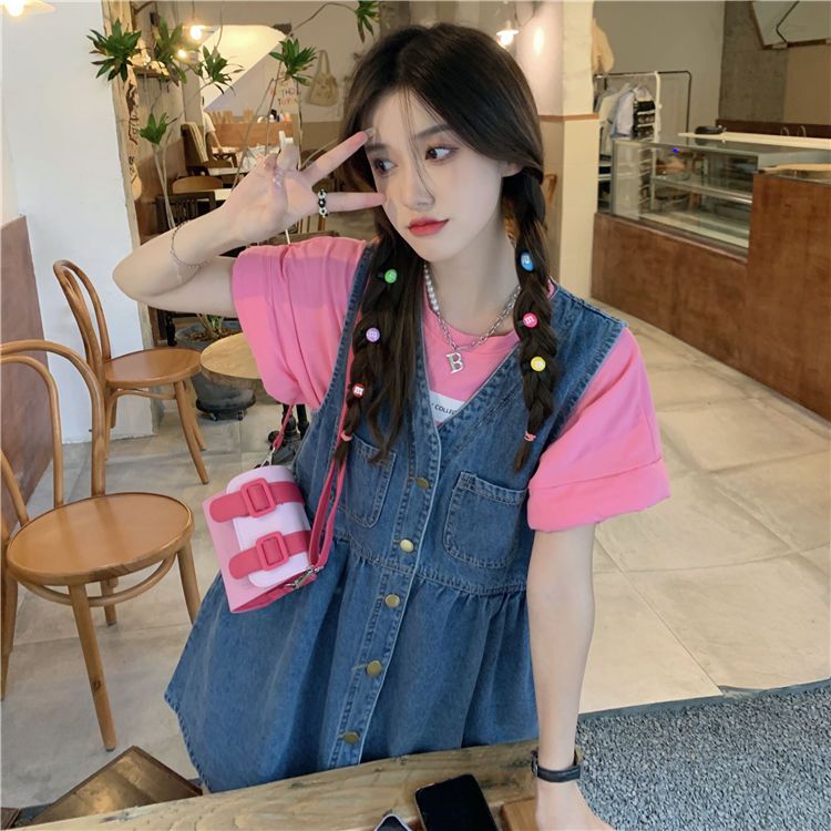 V-neck denim vest skirt female spring and summer  new college style single-breasted buckle age-reducing loose student dress skirt