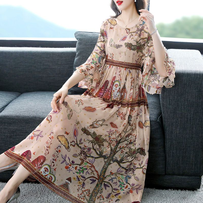 Xiangyun yarn temperament dress female  spring and summer new temperament long retro fashion belly printed skirt