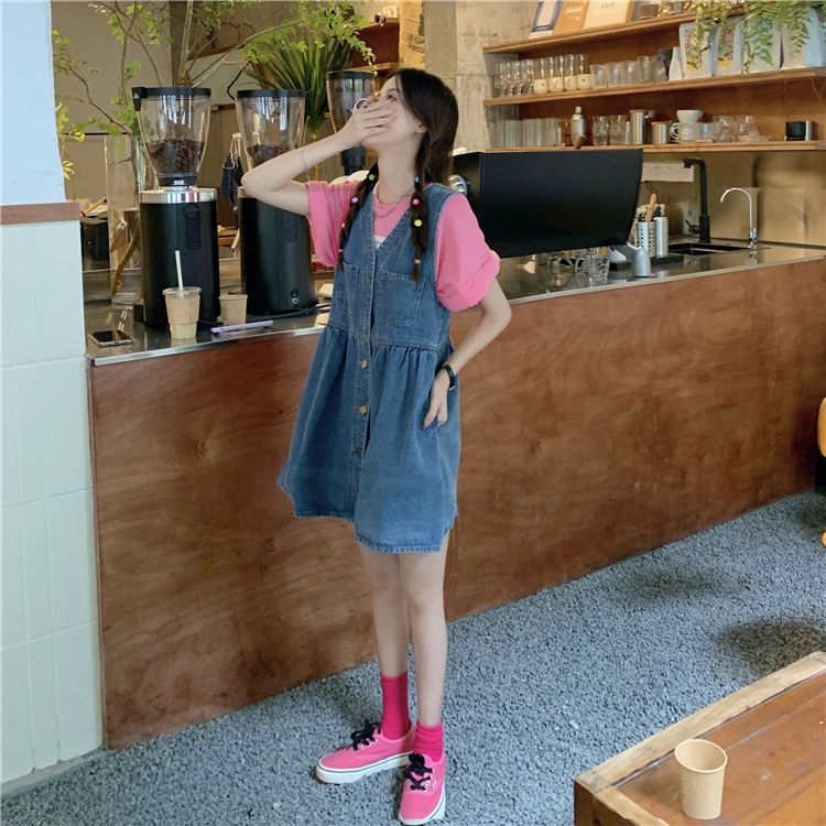 V-neck denim vest skirt female spring and summer  new college style single-breasted buckle age-reducing loose student dress skirt