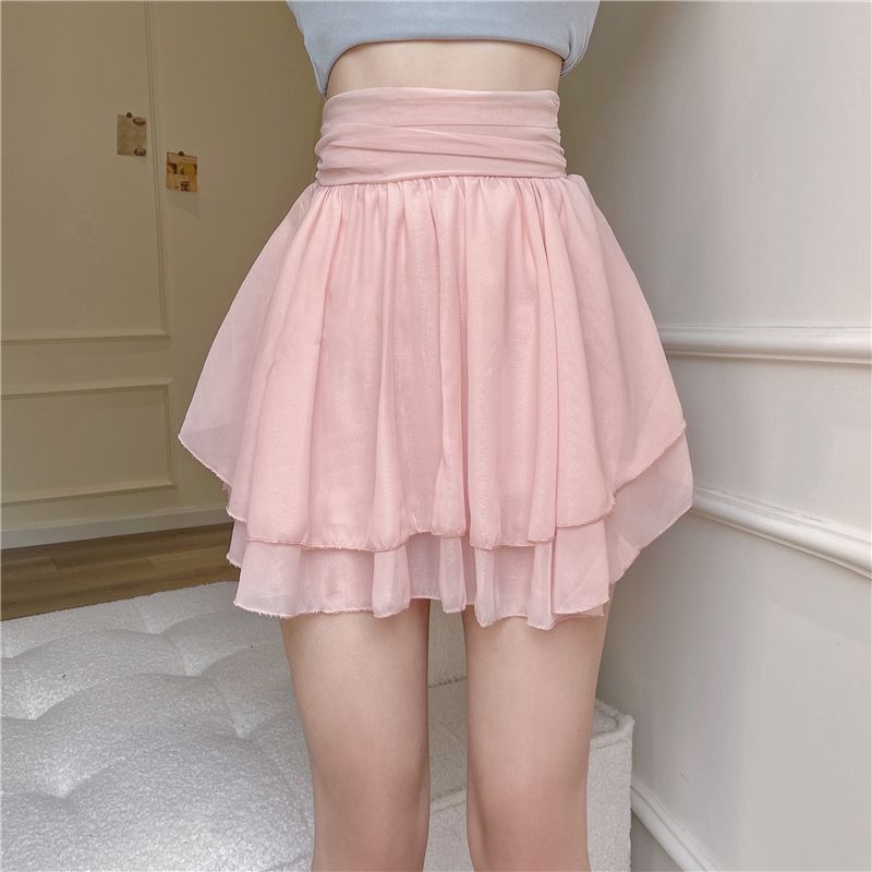 Pure lust style high waisted fluffy pleated skirt, slimming and versatile short skirt, niche anti glare A-line half length skirt for women
