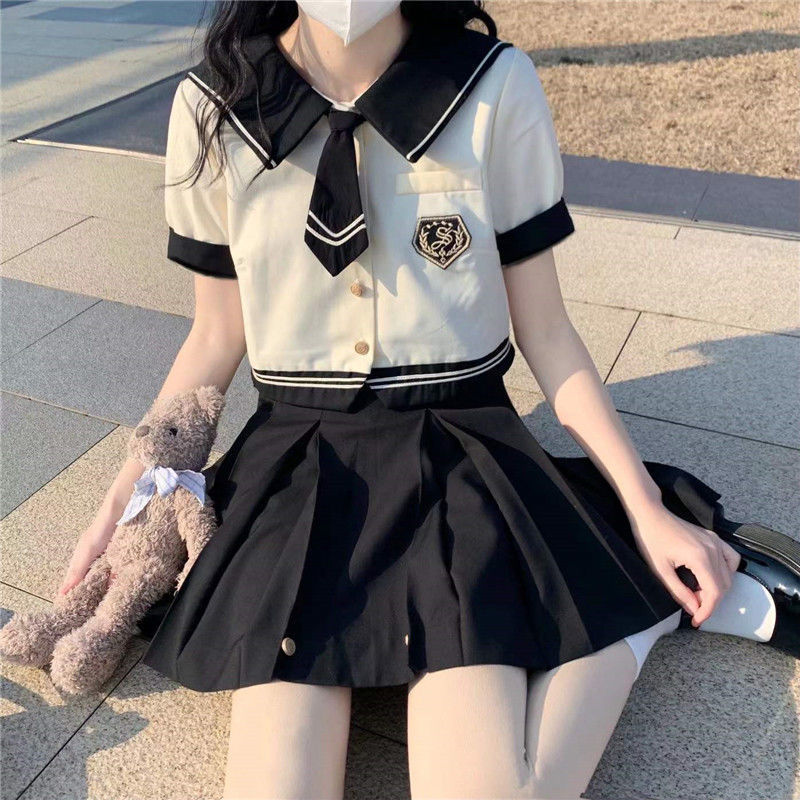 College style JK uniform suit female summer sailor suit short-sleeved shirt top high waist pleated skirt two-piece set