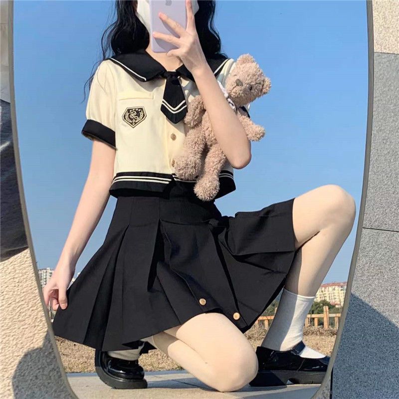 College style JK uniform suit female summer sailor suit short-sleeved shirt top high waist pleated skirt two-piece set