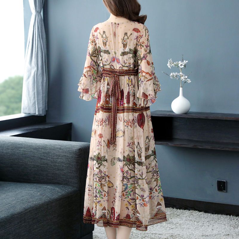 Xiangyun yarn temperament dress female  spring and summer new temperament long retro fashion belly printed skirt