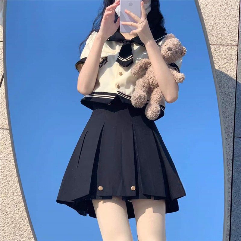 College style JK uniform suit female summer sailor suit short-sleeved shirt top high waist pleated skirt two-piece set