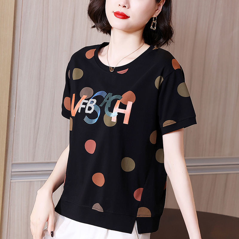 Cotton short-sleeved T-shirt women's summer new middle-aged mother wear round neck polka-dot t-shirt fashion foreign style all-match top