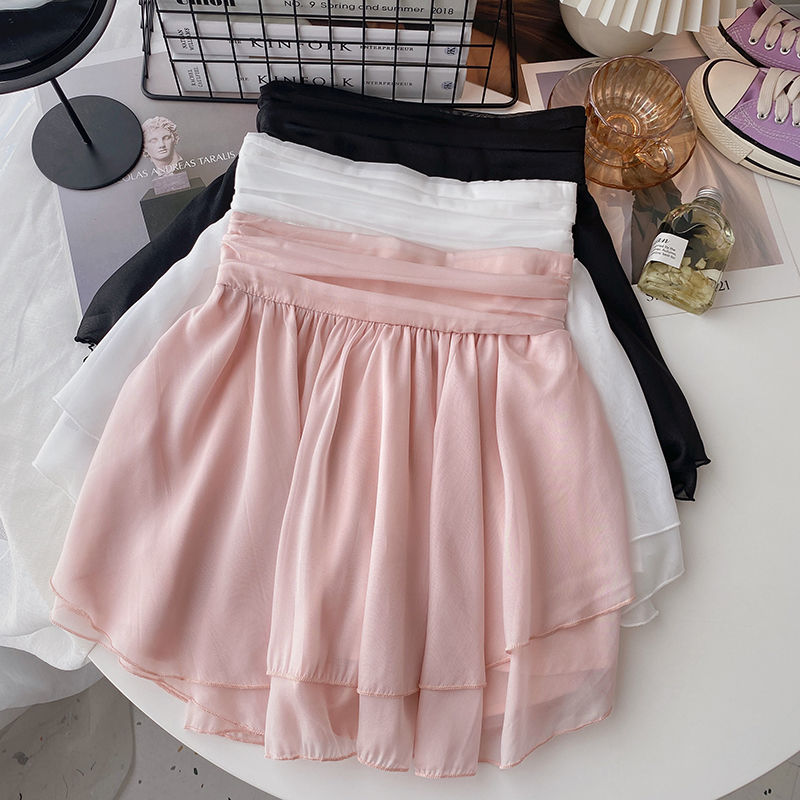 Pure lust style high waisted fluffy pleated skirt, slimming and versatile short skirt, niche anti glare A-line half length skirt for women