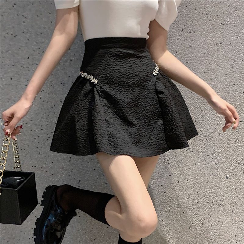 Black short skirt niche irregular diamond skirt summer  new high-waist slim fluffy A-line skirt