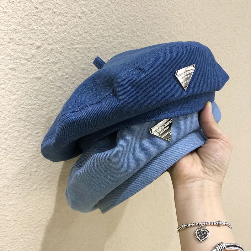 Japanese triangle standard beret hat female summer denim niche painter hat casual wild face small beret hat trend