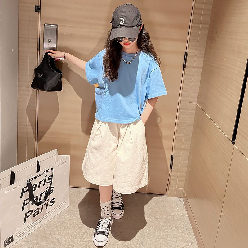 Girls wide-leg pants short-sleeved suit fashionable foreign style Korean version of children's clothing medium and large children's cotton two-piece fashion summer clothing