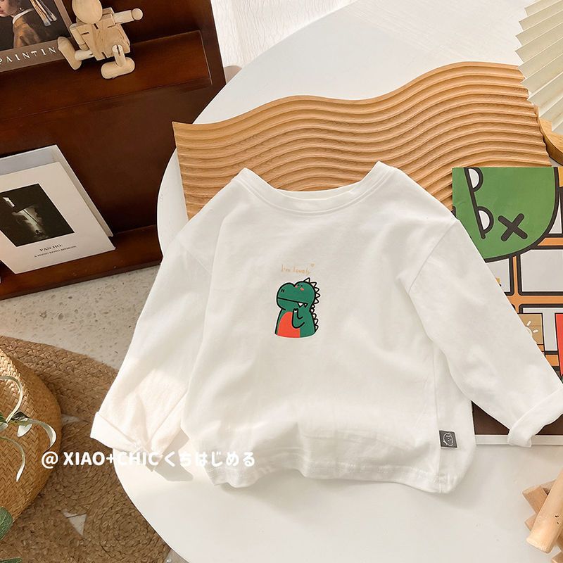 Children's spring and autumn cute printed cotton thin section solid color round neck long-sleeved T-shirt ins white baby bottoming shirt long-sleeved