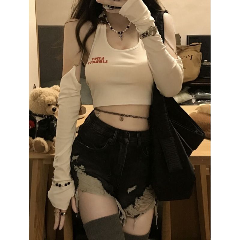 2022 summer new pure desire style hot girl sexy waistless t-shirt vest female all-match hanging neck detachable sleeve top
