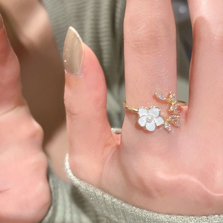 气质山茶花戒指女ins潮小众设计高级感珍珠开口可调节食指戒指环
