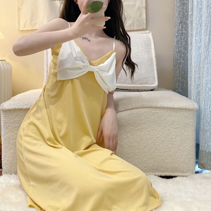 Bowknot ice silk nightdress female summer thin section sling sexy high-end pajamas ins style high-value home service
