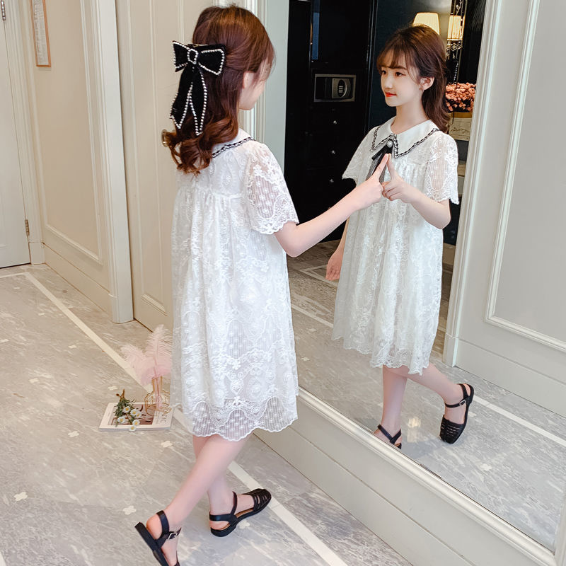女童连衣裙夏装新款洋气儿童装短袖公主裙子中大童白色蕾丝裙