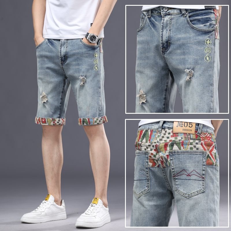 High-end handsome five-point pants new jeans men's trousers men's summer 57-point pants embroidery half-cut men's shorts