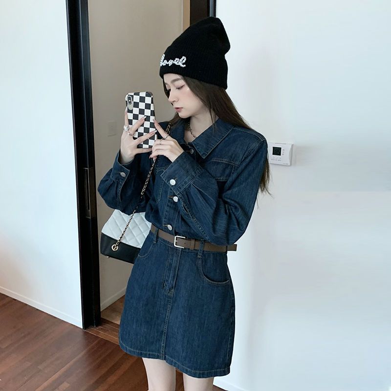減齡氣質牛仔連衣裙女寬鬆秋冬大碼胖妹妹收腰顯瘦A字背帶短裙子