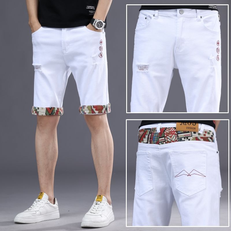 High-end handsome five-point pants new jeans men's trousers men's summer 57-point pants embroidery half-cut men's shorts