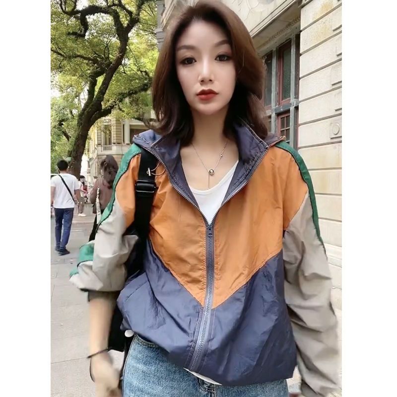 European goods contrasting color stitching hooded sun protection clothing jacket women's stand-up collar zipper cardigan jacket summer thin sun protection clothing